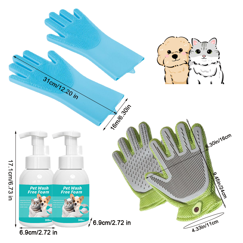 Quick Pet Bath Set - No-Rinse Foam + Bath & Grooming Gloves