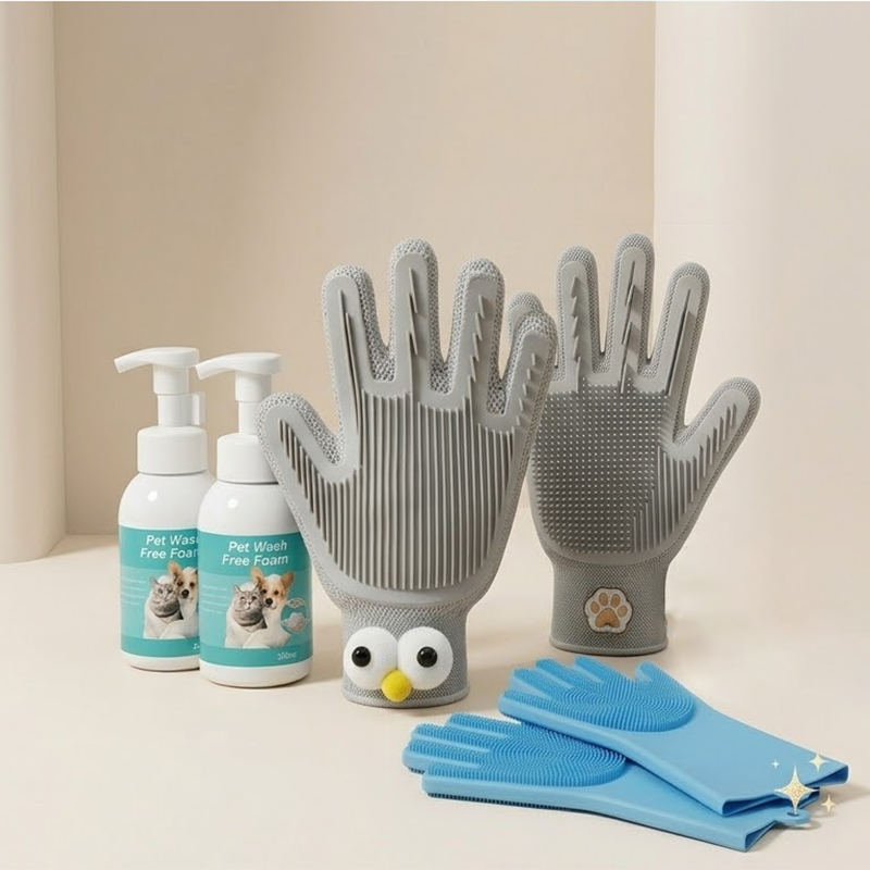 Quick Pet Bath Set - No-Rinse Foam + Bath & Grooming Gloves