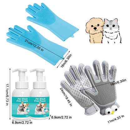 Quick Pet Bath Set - No-Rinse Foam + Bath & Grooming Gloves
