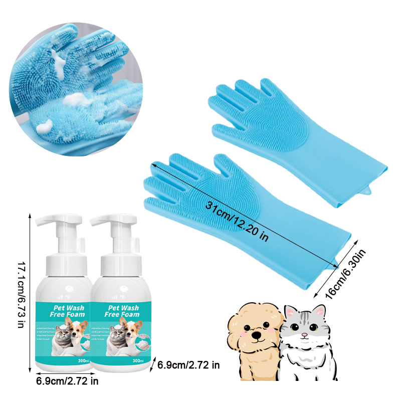 Quick Pet Bath Set - No-Rinse Foam + Bath & Grooming Gloves