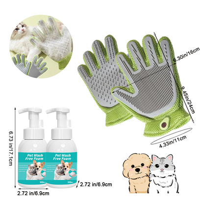 Quick Pet Bath Set - No-Rinse Foam + Bath & Grooming Gloves