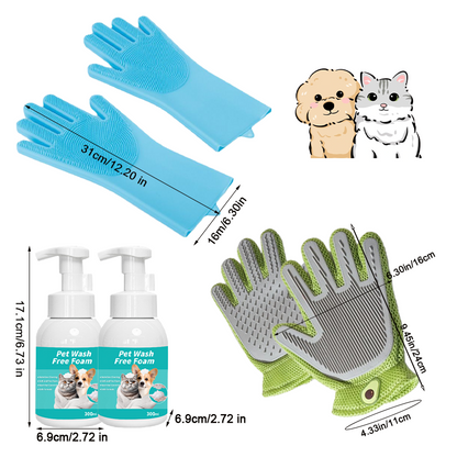Quick Pet Bath Set - No-Rinse Foam + Bath & Grooming Gloves