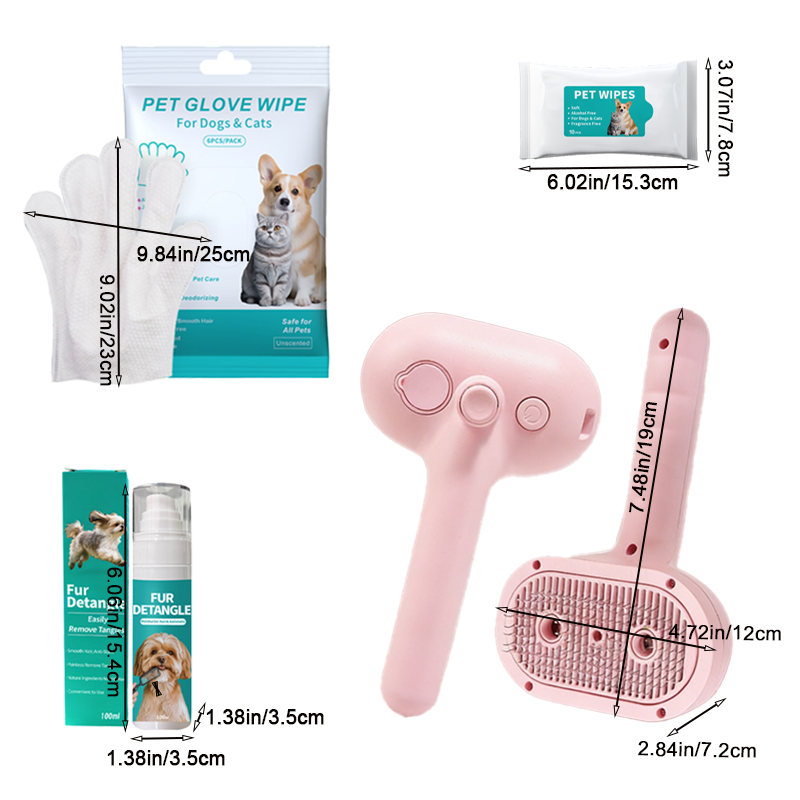 Complete Pet Grooming Set - Double-headed Electric Spray Brush, Spray, Wipes & Glove