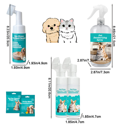 Complete Pet Cleaning Kit - Paw Foam, Deodorizer Spray, Ear & Eye Cleaning Set