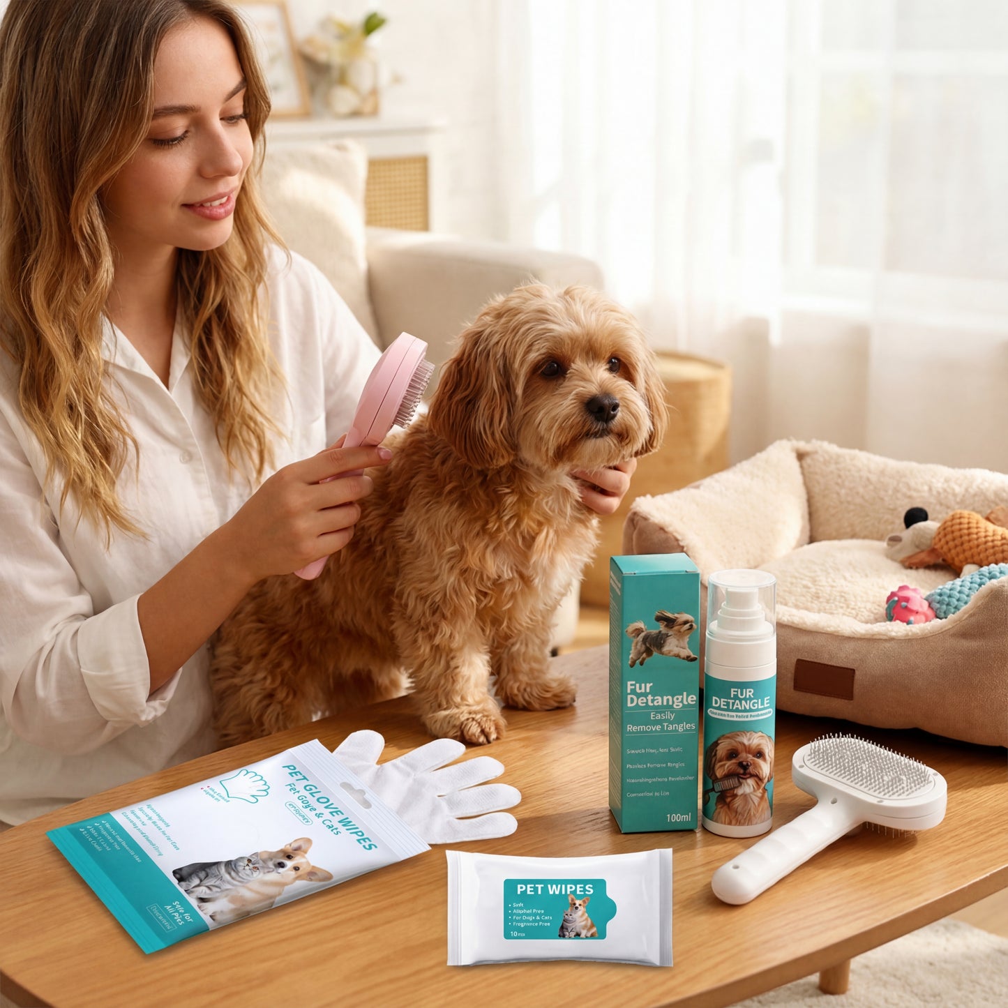 Complete Pet Grooming Set - Double-headed Electric Spray Brush, Spray, Wipes & Glove