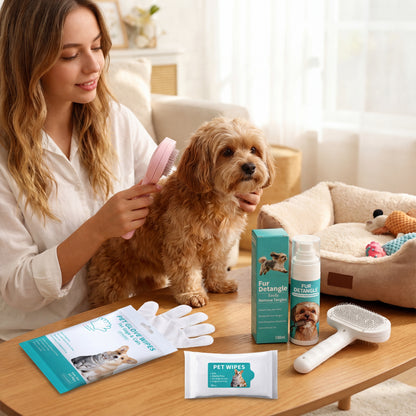 Complete Pet Grooming Set - Double-headed Electric Spray Brush, Spray, Wipes & Glove