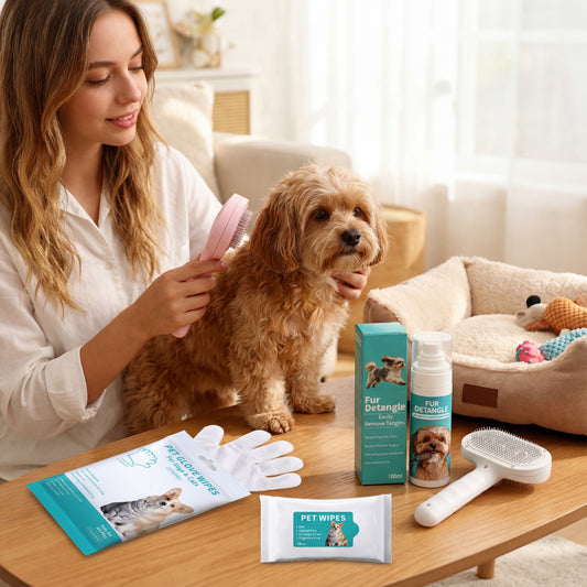 Complete Pet Grooming Set - Double-headed Electric Spray Brush, Spray, Wipes & Glove