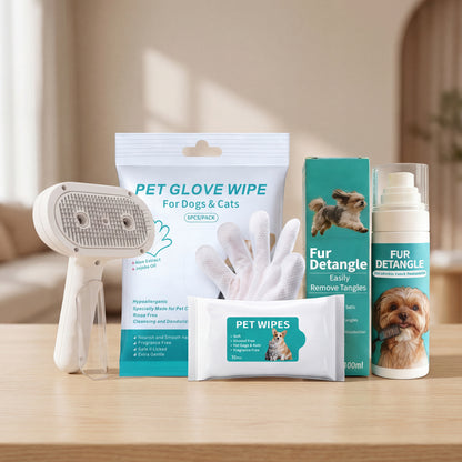 Complete Pet Grooming Set - Double-headed Electric Spray Brush, Spray, Wipes & Glove