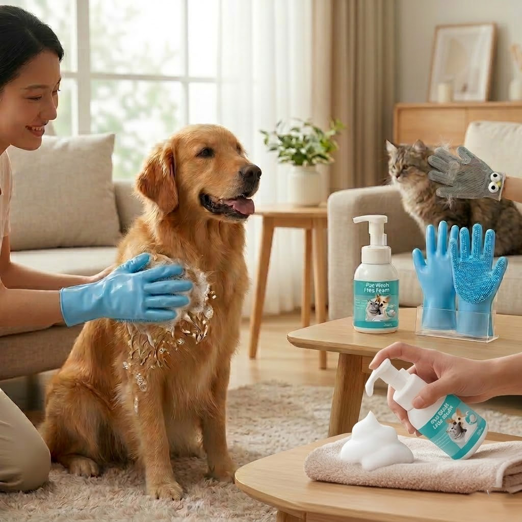 Quick Pet Bath Set - No-Rinse Foam + Bath & Grooming Gloves